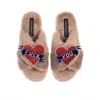 Laines London Women's Neutrals Teddy Toweling Slipper Sliders With Fuck You Brooches - Toffee