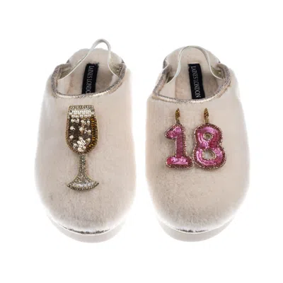 Laines London Women's Neutrals / Gold / White Flatform Cloud Slippers With 18th Birthday & Champagne Glass Brooche
