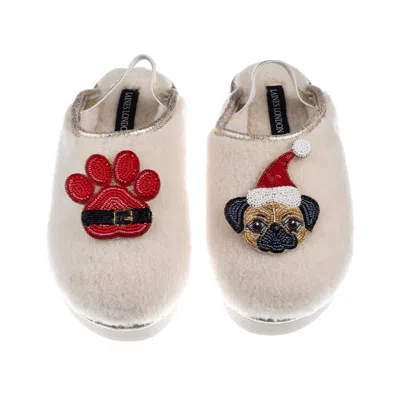 Laines London Women's Neutrals / Gold / White Flatform Cloud Slippers With Christmas Fawn Pug & Paw Brooches - Cre In Multi
