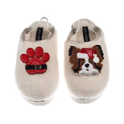 Laines London Women's Neutrals / Gold / White Flatform Cloud Slippers With Christmas Papillon & Paw Brooches - Cre In Multi