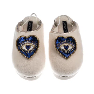Laines London Women's Neutrals / Gold / White Flatform Cloud Slippers With Double Blue Heart Eye Brooches - Cream