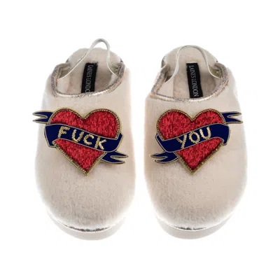 Laines London Women's Neutrals / Gold / White Flatform Cloud Slippers With Fuck You Brooches - Cream In Multi