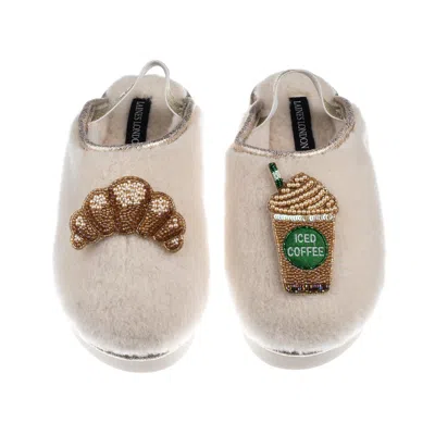 Laines London Women's Neutrals / Gold / White Flatform Cloud Slippers With Iced Coffee & Croissant Brooches - Crea