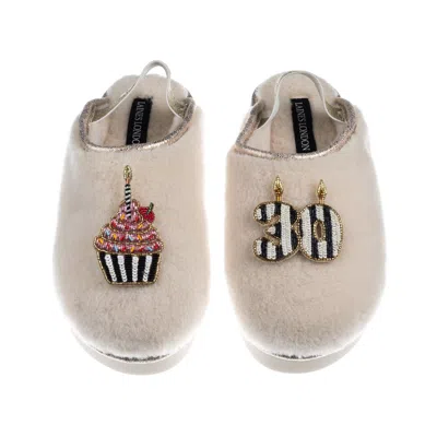 Laines London Women's Neutrals / Gold / White Flatform Cloud Slippers With Stripe 30th Birthday & Cake Brooches -  In Multi