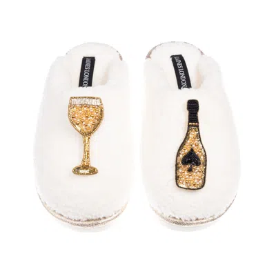 Laines London Women's Neutrals / Gold / White Teddy Closed Toe Slippers With Ace Of Champagne Brooches - Cream In Multi