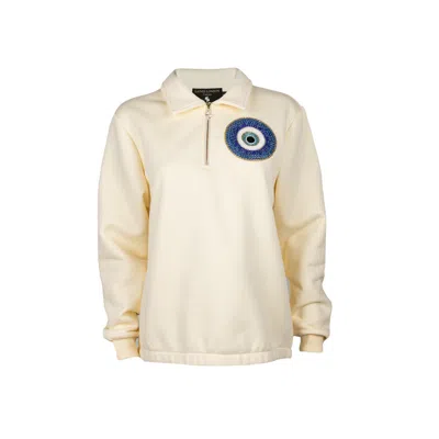 Laines London Women's Neutrals Laines Couture Cream Quarter Zip Sweatshirt Embellished With Evil Eye In White