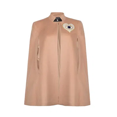 Laines London Women's Neutrals Laines Couture Wool Blend Cape With Embellished Blue Heart Eye - Camel