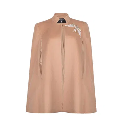 Laines London Women's Neutrals Laines Couture Wool Blend Cape With Embellished Pearl & Gold Bird - Camel In Beige/yellow