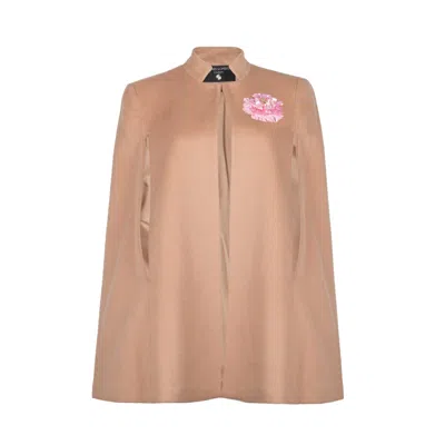 Laines London Women's Neutrals Laines Couture Wool Blend Cape With Embellished Pink Peony - Camel In Beige/pink