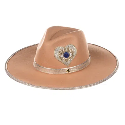 Laines London Women's Neutrals  Camel Couture Fedora Hat With Embellished Blue Heart Eye In Multi