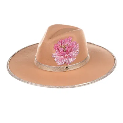 Laines London Women's Neutrals  Camel Couture Fedora Hat With Embellished Pink Peony In Brown