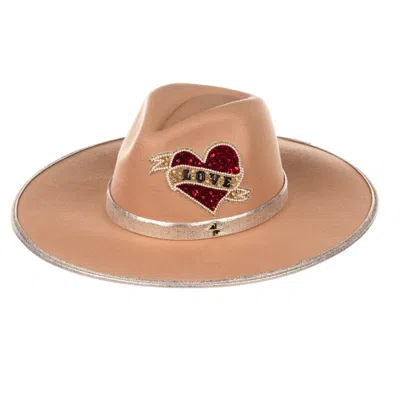 Laines London Women's Neutrals  Camel Couture Fedora Hat With Embellished Red Love In Burgundy