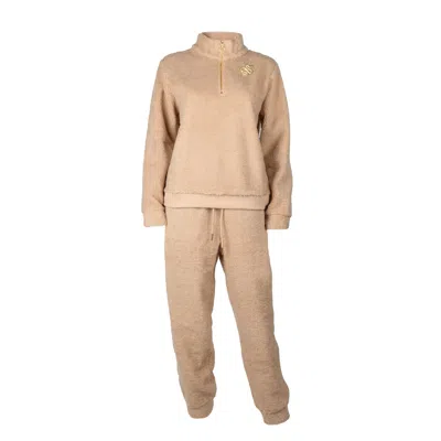 Laines London Women's Neutrals  Teddy Fleece Lounge Set With Gold Snake Brooch - Toffee In Yellow