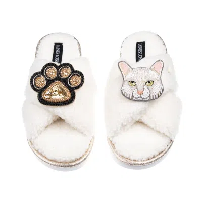 Laines London Women's Neutrals Laines Netural Boucle Slippers With White Cat & Paw Brooches - Cream