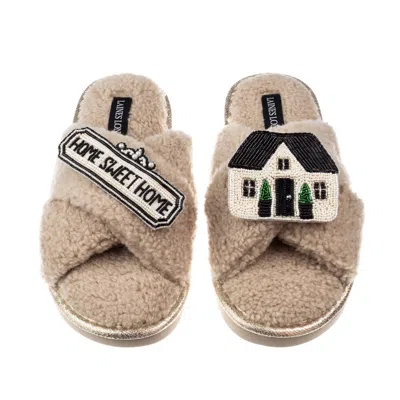 Laines London Women's Neutrals Neutral Boucle Slippers With Home Sweet Home Brooches - Oatmeal In Brown/white/yellow