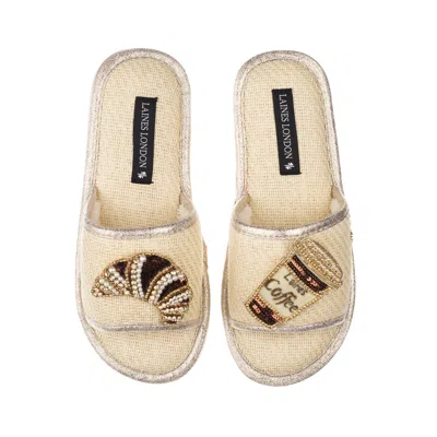 Laines London Women's Neutrals Straw Braided Sandals With Handmade Coffee & Croissant Brooches - Cream In Gold