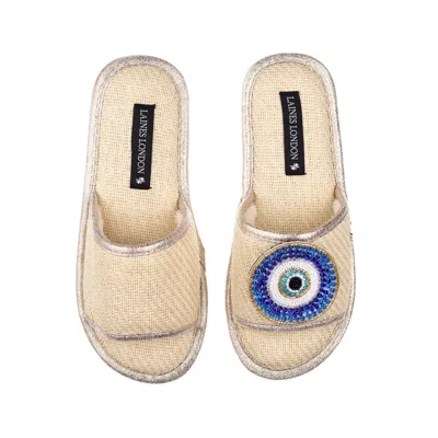 Laines London Women's Neutrals Straw Braided Sandals With Handmade Couture Evil Eye Brooch - Cream In White