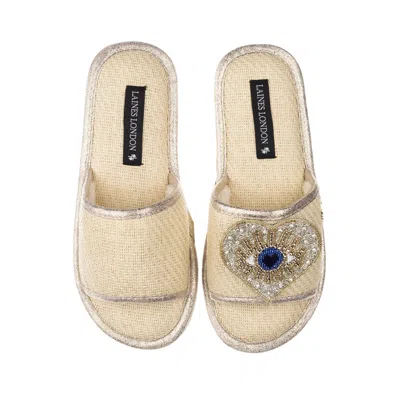 Laines London Women's Neutrals Straw Braided Sandals With Handmade Couture Golden Blue Heart Eye Brooch - Cream In Blue/white/yellow