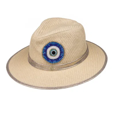 Laines London Women's Neutrals Straw Woven Hat With Couture Embellished Evil Eye Design - Cream