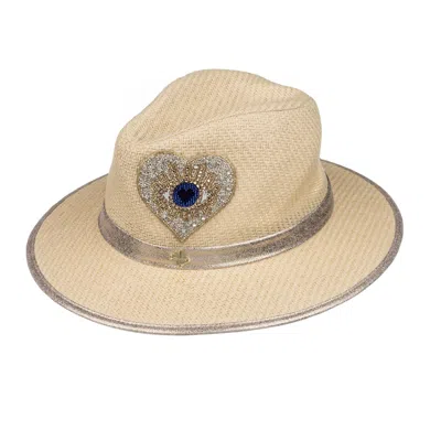 Laines London Women's Neutrals Straw Woven Hat With Couture Embellished Heart Eye Design - Cream