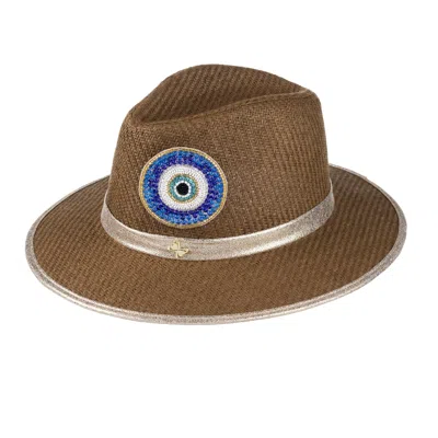 Laines London Women's Neutrals Straw Woven Hat With Embellished Couture Blue Evil Eye Brooch - Caramel In Brown