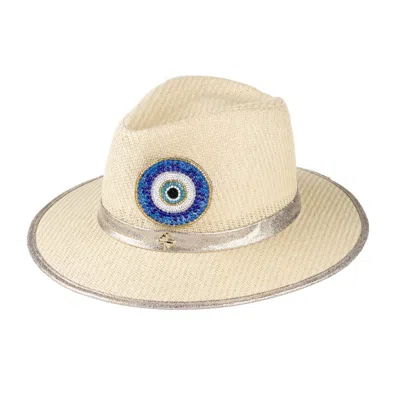 Laines London Women's Neutrals Straw Woven Hat With Embellished Couture Blue Evil Eye Brooch - Cream