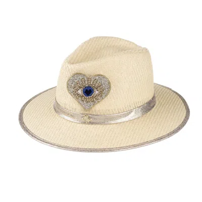 Laines London Women's Neutrals Straw Woven Hat With Embellished Couture Gold & Blue Heart Eye Brooch - Cream
