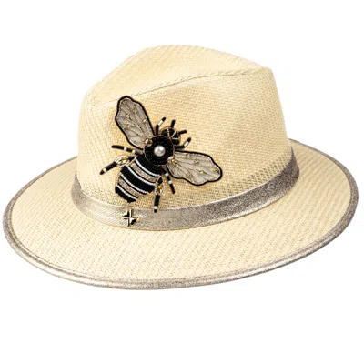 Laines London Women's Neutrals Straw Woven Hat With Embellished Cream & Gold Bee Brooch - Cream In White