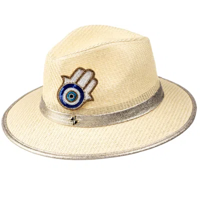 Laines London Women's Neutrals Straw Woven Hat With Embellished Hamsa Hand Brooch - Cream