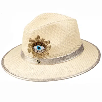 Laines London Women's Neutrals Straw Woven Hat With Embellished Mystic Eye Brooch - Cream In White