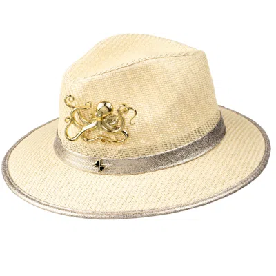 Laines London Women's Neutrals Straw Woven Hat With Gold Metal Octopus Brooch - Cream