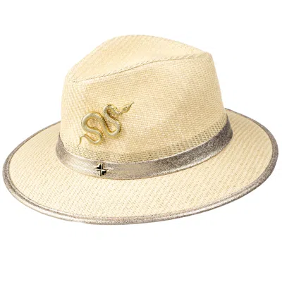 Laines London Women's Neutrals Straw Woven Hat With Gold Metal Snake Brooch - Cream