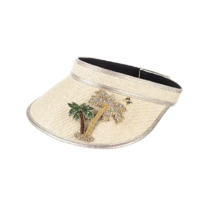 Laines London Women's Neutrals Straw Woven Visor With Couture Embellished Golden Palm Tree Brooch - Cream