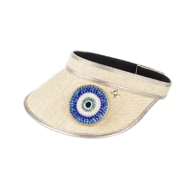 Laines London Women's Neutrals Straw Woven Visor With Embellished Couture Evil Eye Brooch - Cream