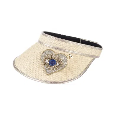 Laines London Women's Neutrals Straw Woven Visor With Embellished Couture Gold & Blue Heart Eye Brooch - Cream