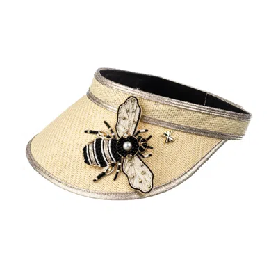 Laines London Women's Neutrals Straw Woven Visor With Embellished Cream & Gold Bee Brooch - Cream In White/yellow