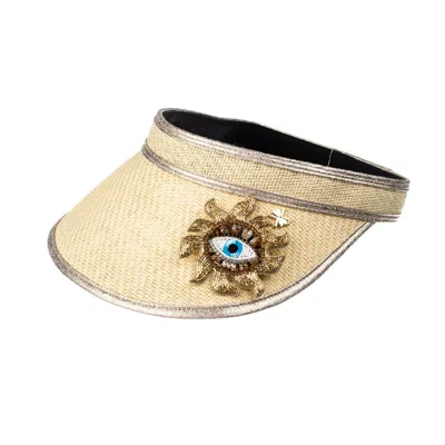 Laines London Women's Neutrals Straw Woven Visor With Embellished Mystic Eye Brooch - Cream