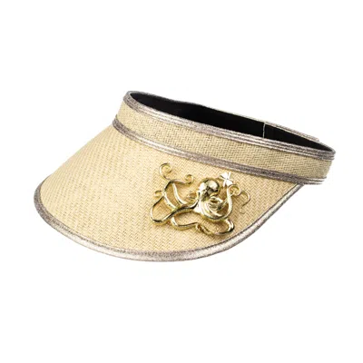 Laines London Women's Neutrals Straw Woven Visor With Gold Metal Octopus Brooch - Cream