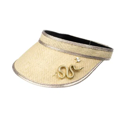 Laines London Women's Neutrals Straw Woven Visor With Gold Metal Snake Brooch - Cream