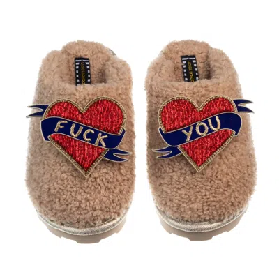 Laines London Women's Neutrals Teddy Closed Toe Slippers With Fuck You Brooches - Toffee In Yellow