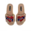 Laines London Women's Neutrals Teddy Toweling Slipper Sliders With Fuck You Brooches - Toffee In Yellow