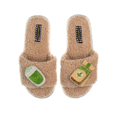 Laines London Women's Neutrals Teddy Toweling Slipper Sliders With Matcha Tea Brooches - Toffee In Yellow