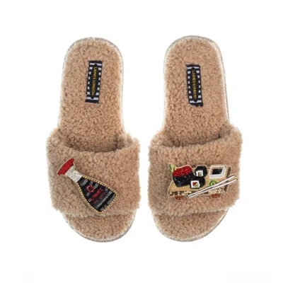 Laines London Women's Neutrals Teddy Toweling Slipper Sliders With Sushi & Soy Sauce Brooches - Toffee In Yellow