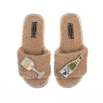 Laines London Women's Neutrals Teddy Toweling Slipper Sliders With Vino Darling Brooches - Toffee In Yellow