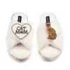 Laines London Women's Neutrals / White Boucle Slippers With Cat Mum/mom & Bengal Cat Brooches - Cream In White