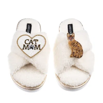 Laines London Women's Neutrals / White Boucle Slippers With Cat Mum/mom & Bengal Cat Brooches - Cream