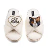 Laines London Women's Neutrals / White Boucle Slippers With Cat Mum/mom & Calico British Shorthair Cat Brooches -  In White
