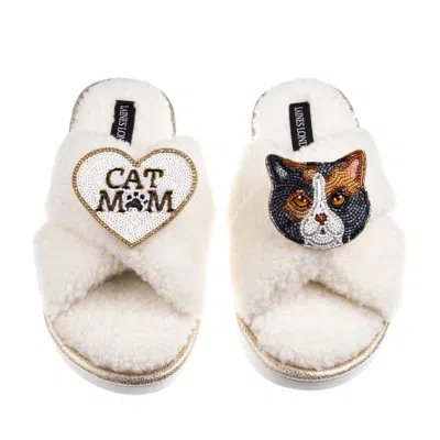 Laines London Women's Neutrals / White Boucle Slippers With Cat Mum/mom & Calico British Shorthair Cat Brooches - 