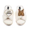 Laines London Women's Neutrals / White Boucle Slippers With Cat Mum/mom & Maine Coon Cat Brooches - Cream In White