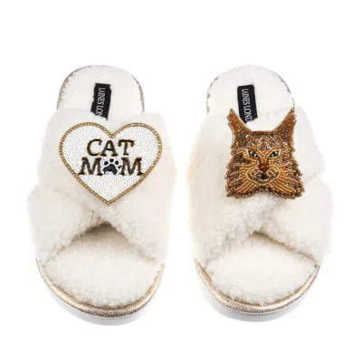Laines London Women's Neutrals / White Boucle Slippers With Cat Mum/mom & Maine Coon Cat Brooches - Cream